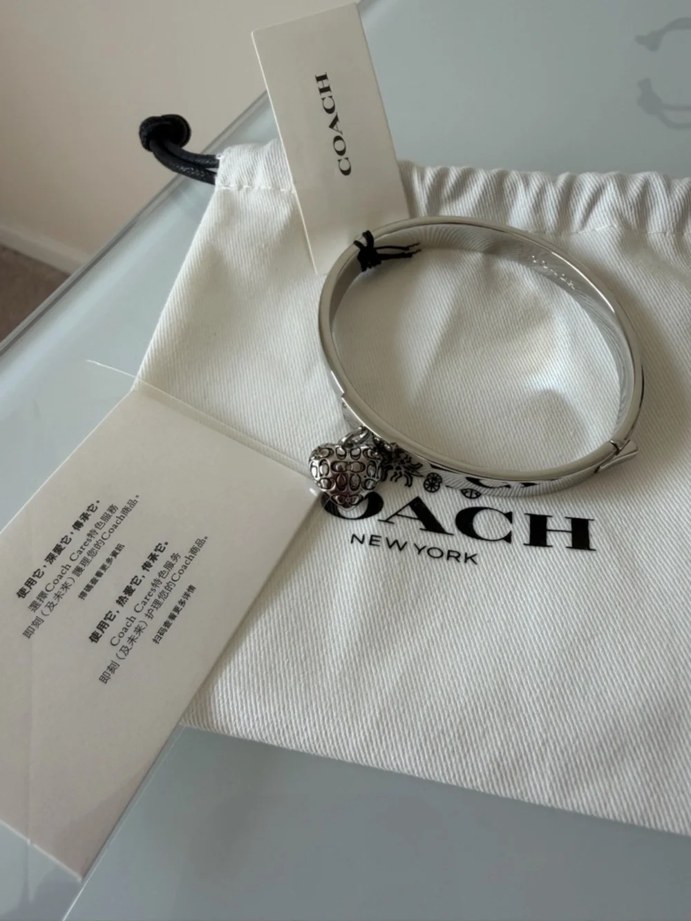 Coach Silver Heart Monogram Charm Bangle Hinge Bracelet
